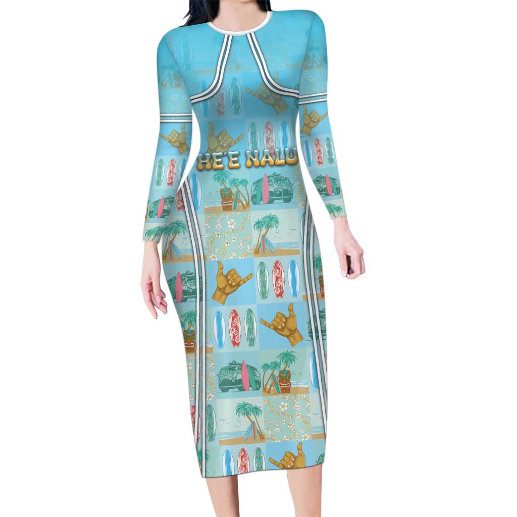 Custom Hawaii Surfing Family Matching Long Sleeve Bodycon Dress and Hawaiian Shirt He'e Nalu