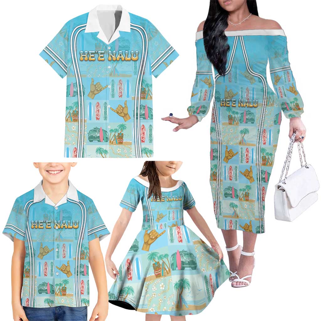 Custom Hawaii Surfing Family Matching Off The Shoulder Long Sleeve Dress and Hawaiian Shirt He'e Nalu DT05 - Polynesian Pride