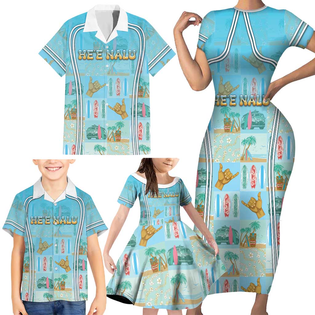 Custom Hawaii Surfing Family Matching Short Sleeve Bodycon Dress and Hawaiian Shirt He'e Nalu