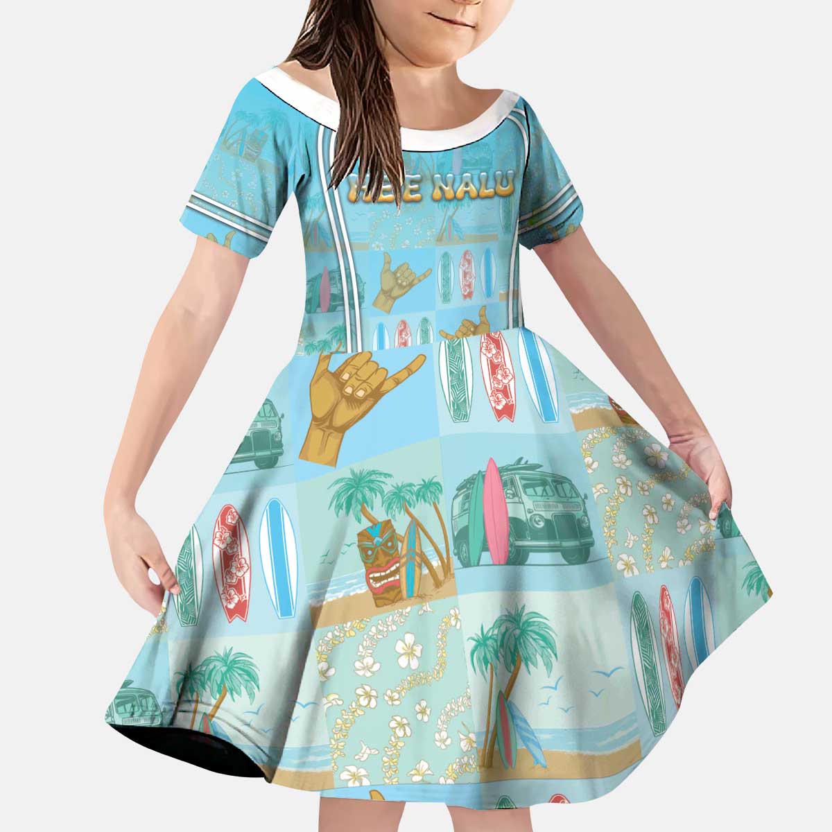 Custom Hawaii Surfing Kid Short Sleeve Dress He'e Nalu DT05 KID Blue - Polynesian Pride