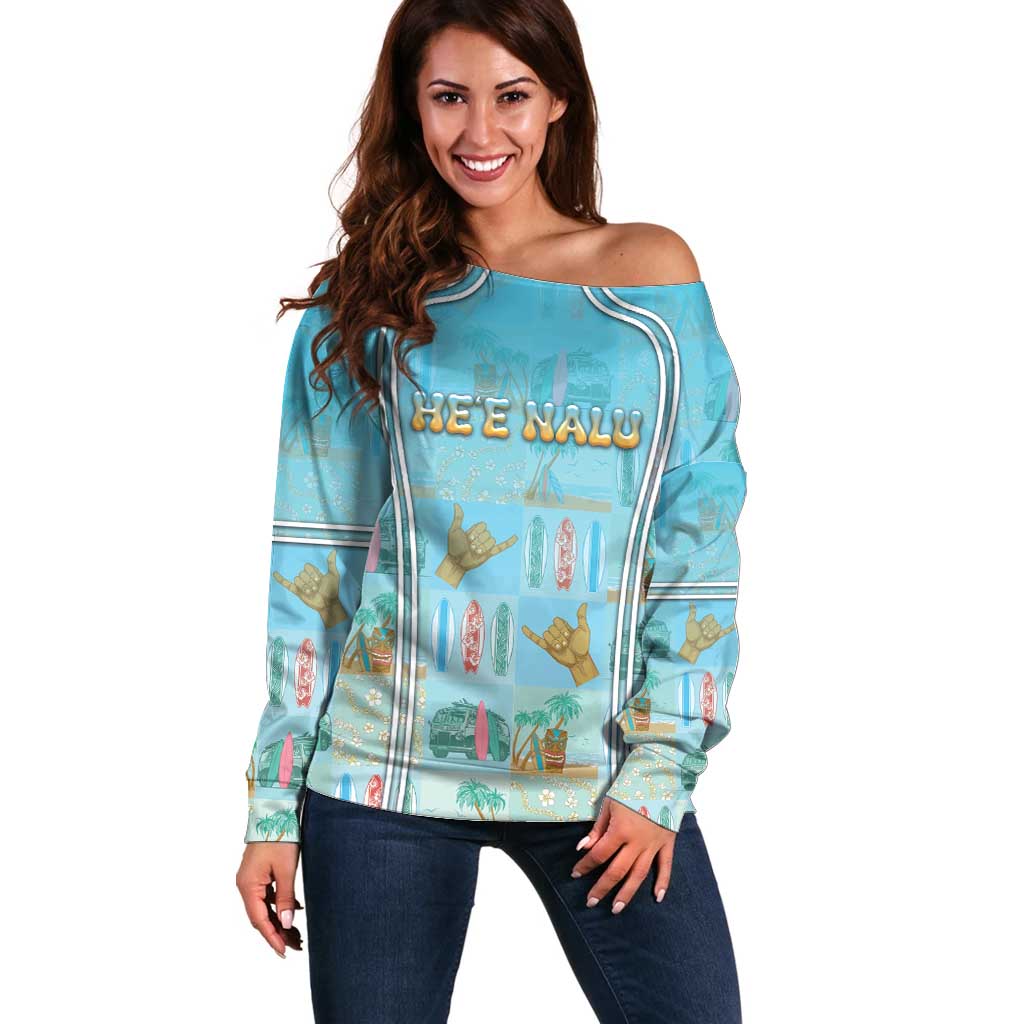 Custom Hawaii Surfing Off Shoulder Sweater He'e Nalu DT05 Women Blue - Polynesian Pride