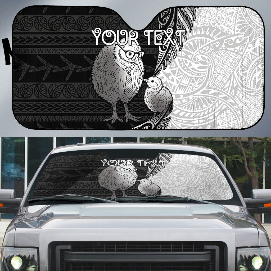 Personalised New Zealand Father's Day Auto Sun Shade Papa Kiwi Bird Tribal Pattern DT05 Black - Polynesian Pride