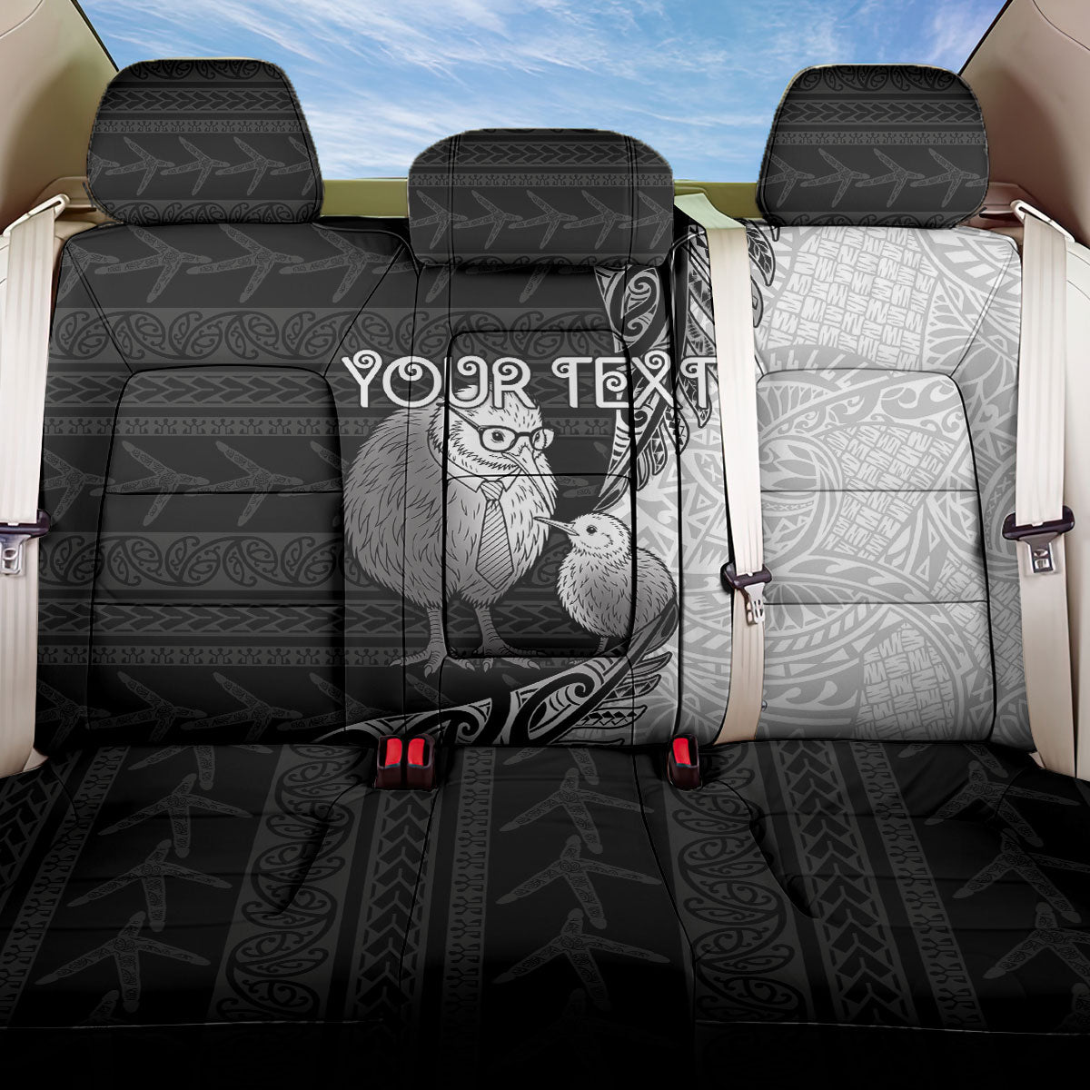 Personalised New Zealand Father's Day Back Car Seat Cover Papa Kiwi Bird Tribal Pattern DT05 One Size Black - Polynesian Pride