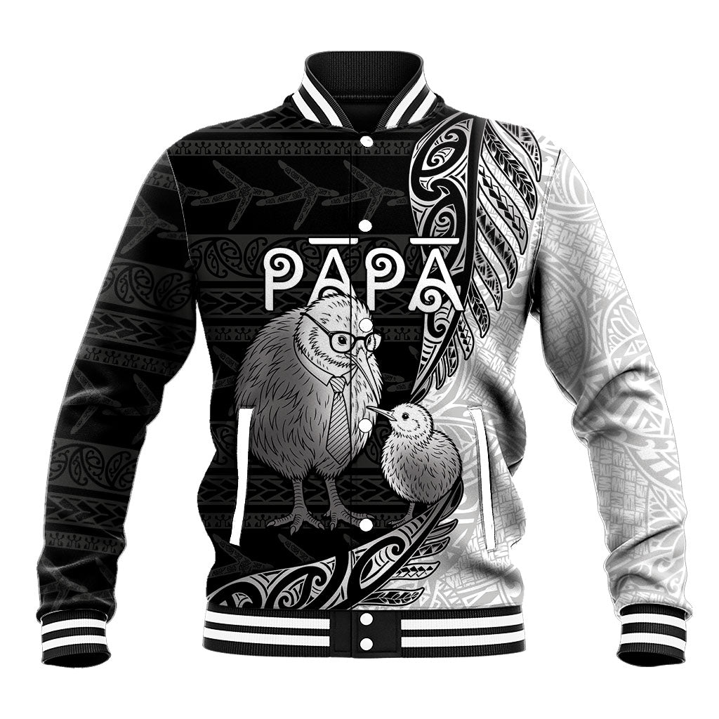 Personalised New Zealand Father's Day Baseball Jacket Papa Kiwi Bird Tribal Pattern DT05 Unisex Black - Polynesian Pride