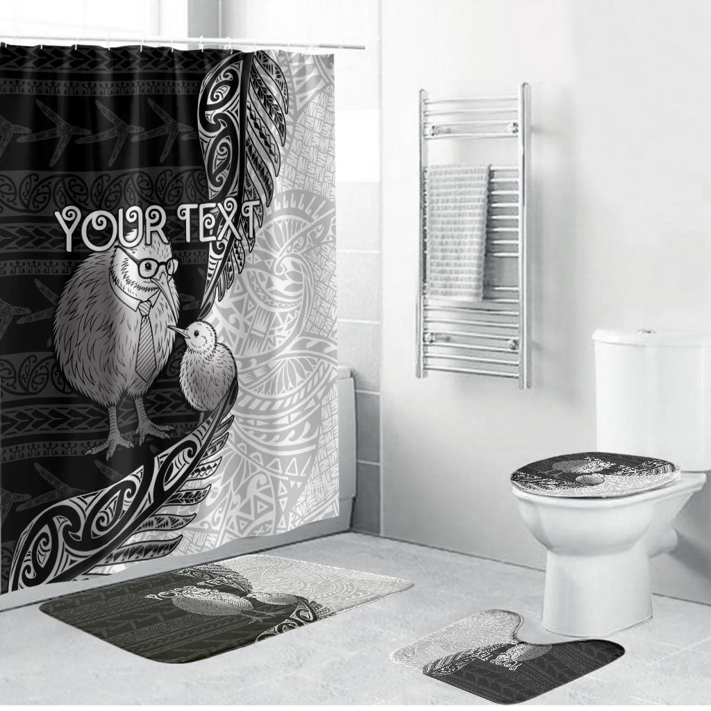 Personalised New Zealand Father's Day Bathroom Set Papa Kiwi Bird Tribal Pattern DT05 Bathroom Set (4 pcs) Black - Polynesian Pride