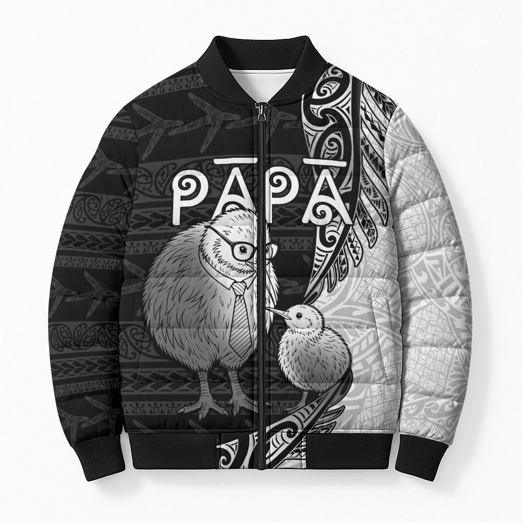Personalised New Zealand Father's Day Bomber Puffer Jacket Papa Kiwi Bird Tribal Pattern DT05 Unisex Black - Polynesian Pride