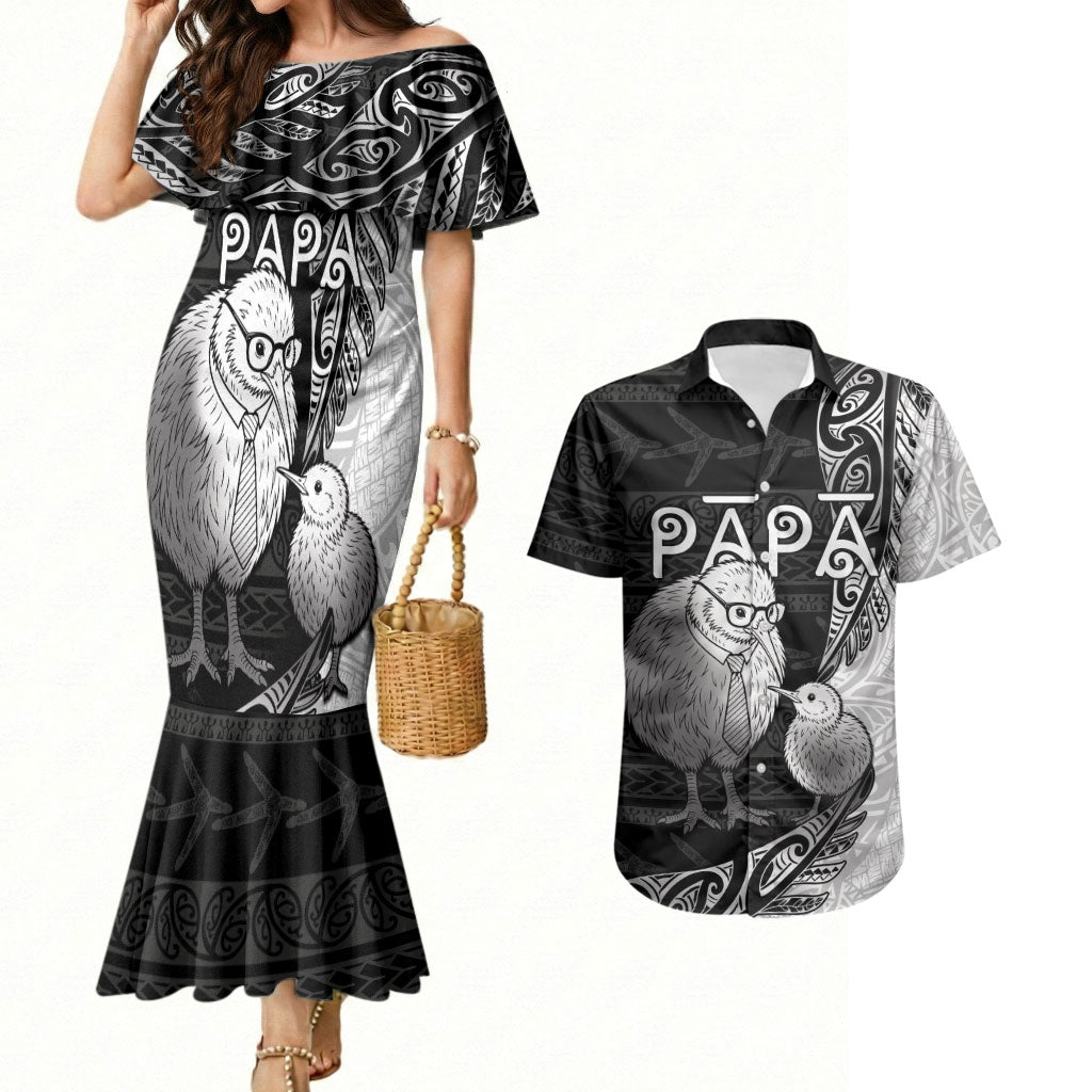 Personalised New Zealand Father's Day Couples Matching Mermaid Dress and Hawaiian Shirt Papa Kiwi Bird Tribal Pattern DT05 Black - Polynesian Pride