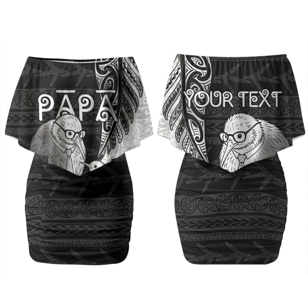 Personalised New Zealand Father's Day Couples Matching Off Shoulder Short Dress and Long Sleeve Button Shirt Papa Kiwi Bird Tribal Pattern DT05 - Polynesian Pride