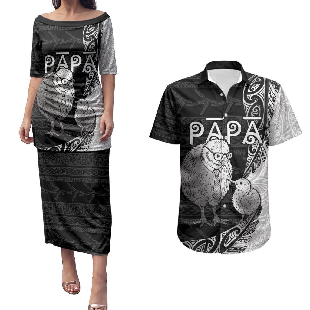 Personalised New Zealand Father's Day Couples Matching Puletasi and Hawaiian Shirt Papa Kiwi Bird Tribal Pattern DT05 Black - Polynesian Pride