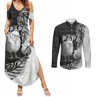 Personalised New Zealand Father's Day Couples Matching Summer Maxi Dress and Long Sleeve Button Shirt Papa Kiwi Bird Tribal Pattern DT05 Black - Polynesian Pride
