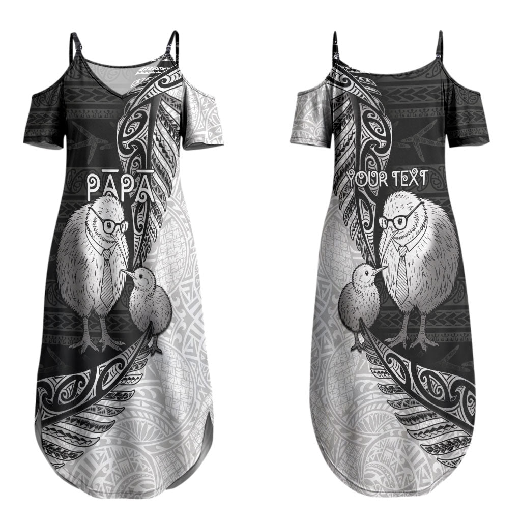 Personalised New Zealand Father's Day Couples Matching Summer Maxi Dress and Long Sleeve Button Shirt Papa Kiwi Bird Tribal Pattern DT05 - Polynesian Pride