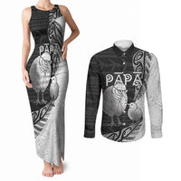 Personalised New Zealand Father's Day Couples Matching Tank Maxi Dress and Long Sleeve Button Shirt Papa Kiwi Bird Tribal Pattern DT05 Black - Polynesian Pride