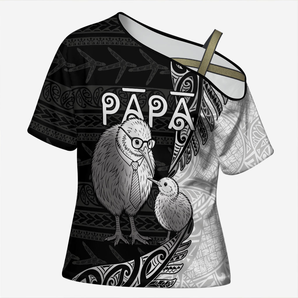 Personalised New Zealand Father's Day Cross Shoulder Shirt Papa Kiwi Bird Tribal Pattern DT05 Female Black - Polynesian Pride