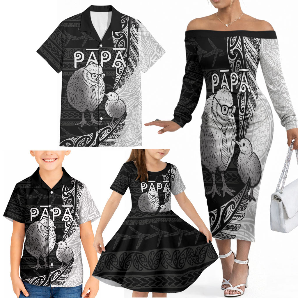 Personalised New Zealand Father's Day Family Matching Off The Shoulder Long Sleeve Dress and Hawaiian Shirt Papa Kiwi Bird Tribal Pattern DT05 - Polynesian Pride