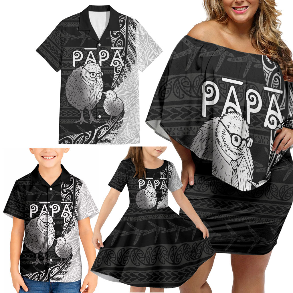 Personalised New Zealand Father's Day Family Matching Off Shoulder Short Dress and Hawaiian Shirt Papa Kiwi Bird Tribal Pattern DT05 - Polynesian Pride