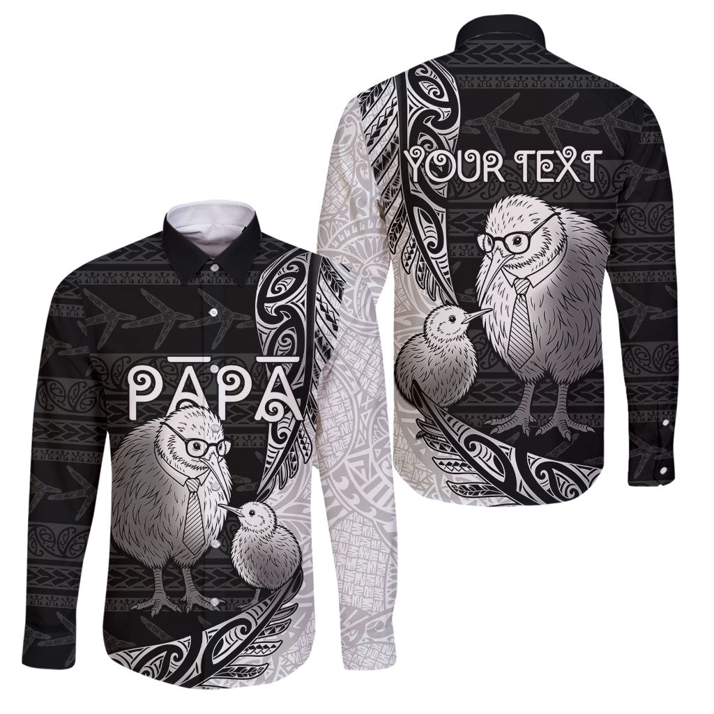 Personalised New Zealand Father's Day Family Matching Summer Maxi Dress and Hawaiian Shirt Papa Kiwi Bird Tribal Pattern DT05 Dad's Shirt - Long Sleeve Black - Polynesian Pride