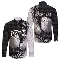Personalised New Zealand Father's Day Family Matching Summer Maxi Dress and Hawaiian Shirt Papa Kiwi Bird Tribal Pattern DT05 Dad's Shirt - Long Sleeve Black - Polynesian Pride