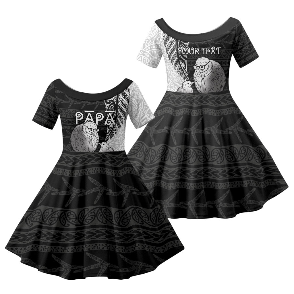 Personalised New Zealand Father's Day Family Matching Summer Maxi Dress and Hawaiian Shirt Papa Kiwi Bird Tribal Pattern DT05 Daughter's Dress Black - Polynesian Pride