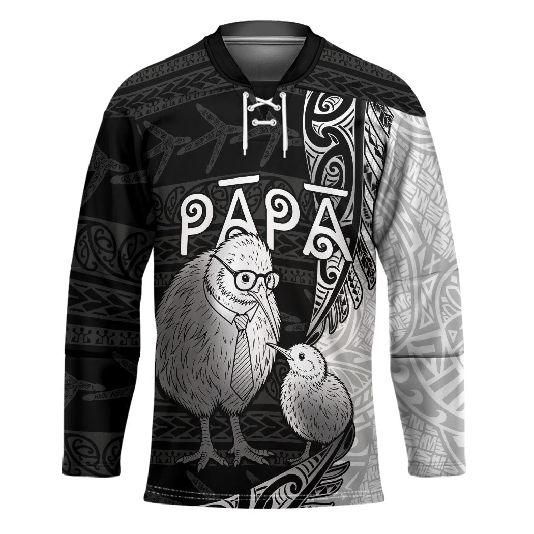 Personalised New Zealand Father's Day Hockey Jersey Papa Kiwi Bird Tribal Pattern DT05 Unisex Black - Polynesian Pride