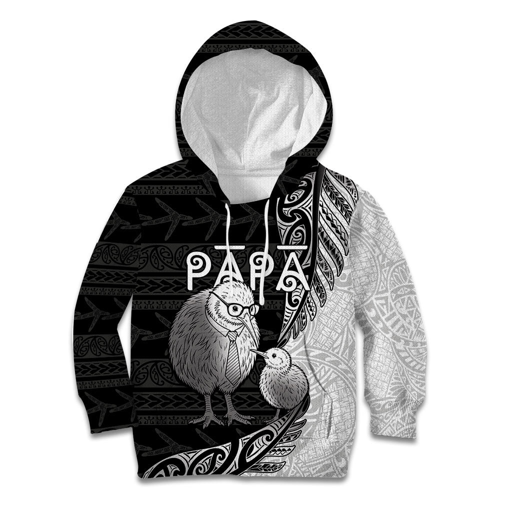Personalised New Zealand Father's Day Kid Hoodie Papa Kiwi Bird Tribal Pattern DT05 Hoodie Black - Polynesian Pride