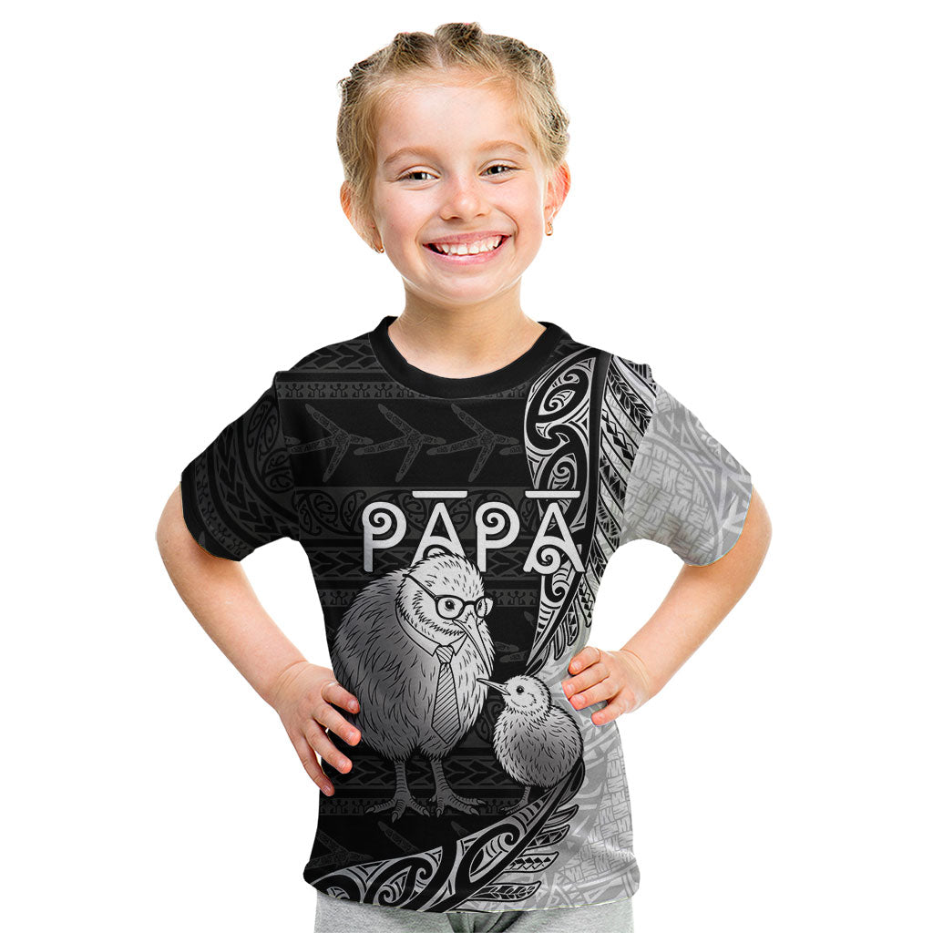 Personalised New Zealand Father's Day Kid T Shirt Papa Kiwi Bird Tribal Pattern DT05 Black - Polynesian Pride