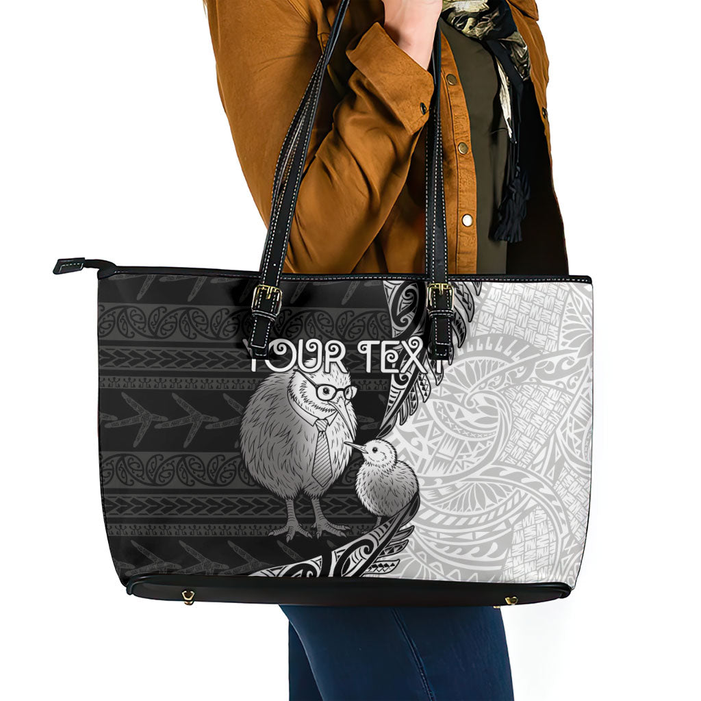 Personalised New Zealand Father's Day Leather Tote Bag Papa Kiwi Bird Tribal Pattern DT05 - Polynesian Pride
