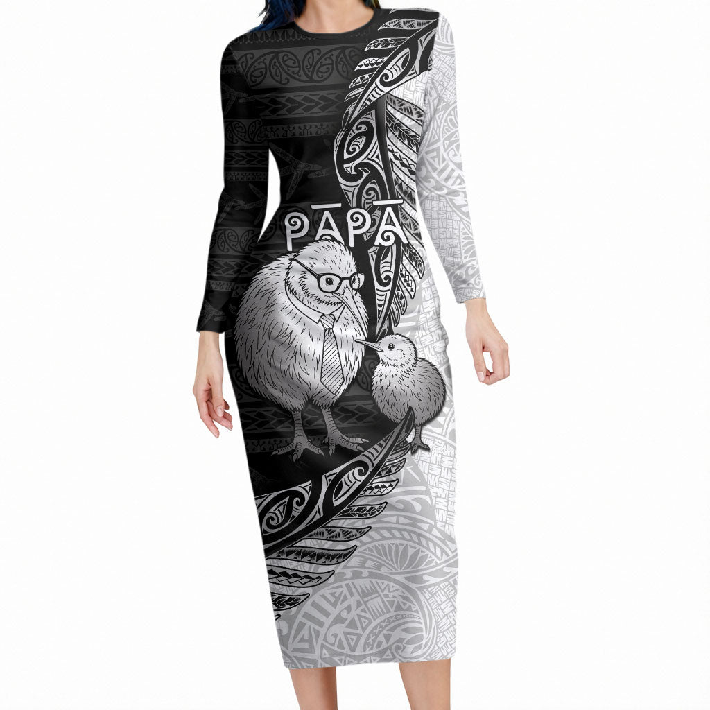 Personalised New Zealand Father's Day Long Sleeve Bodycon Dress Papa Kiwi Bird Tribal Pattern DT05 Long Dress Black - Polynesian Pride