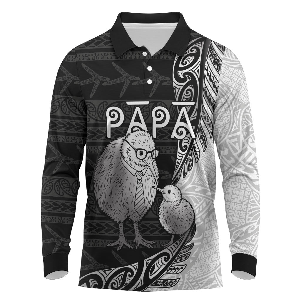 Personalised New Zealand Father's Day Long Sleeve Polo Shirt Papa Kiwi Bird Tribal Pattern DT05 Black - Polynesian Pride