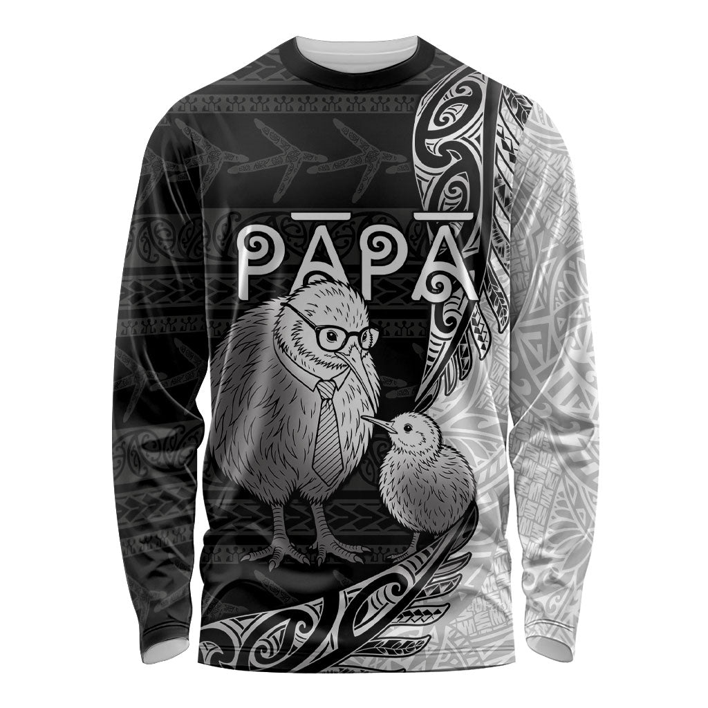 Personalised New Zealand Father's Day Long Sleeve Shirt Papa Kiwi Bird Tribal Pattern DT05 Unisex Black - Polynesian Pride