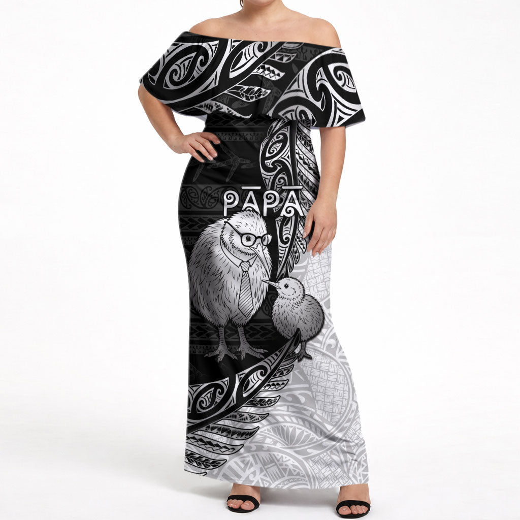 Personalised New Zealand Father's Day Off Shoulder Maxi Dress Papa Kiwi Bird Tribal Pattern DT05 Women Black - Polynesian Pride