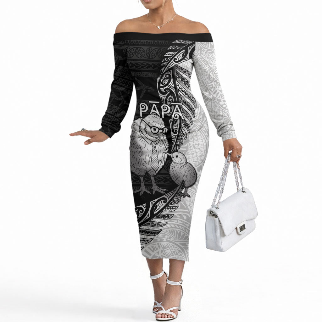 Personalised New Zealand Father's Day Off The Shoulder Long Sleeve Dress Papa Kiwi Bird Tribal Pattern DT05 Women Black - Polynesian Pride