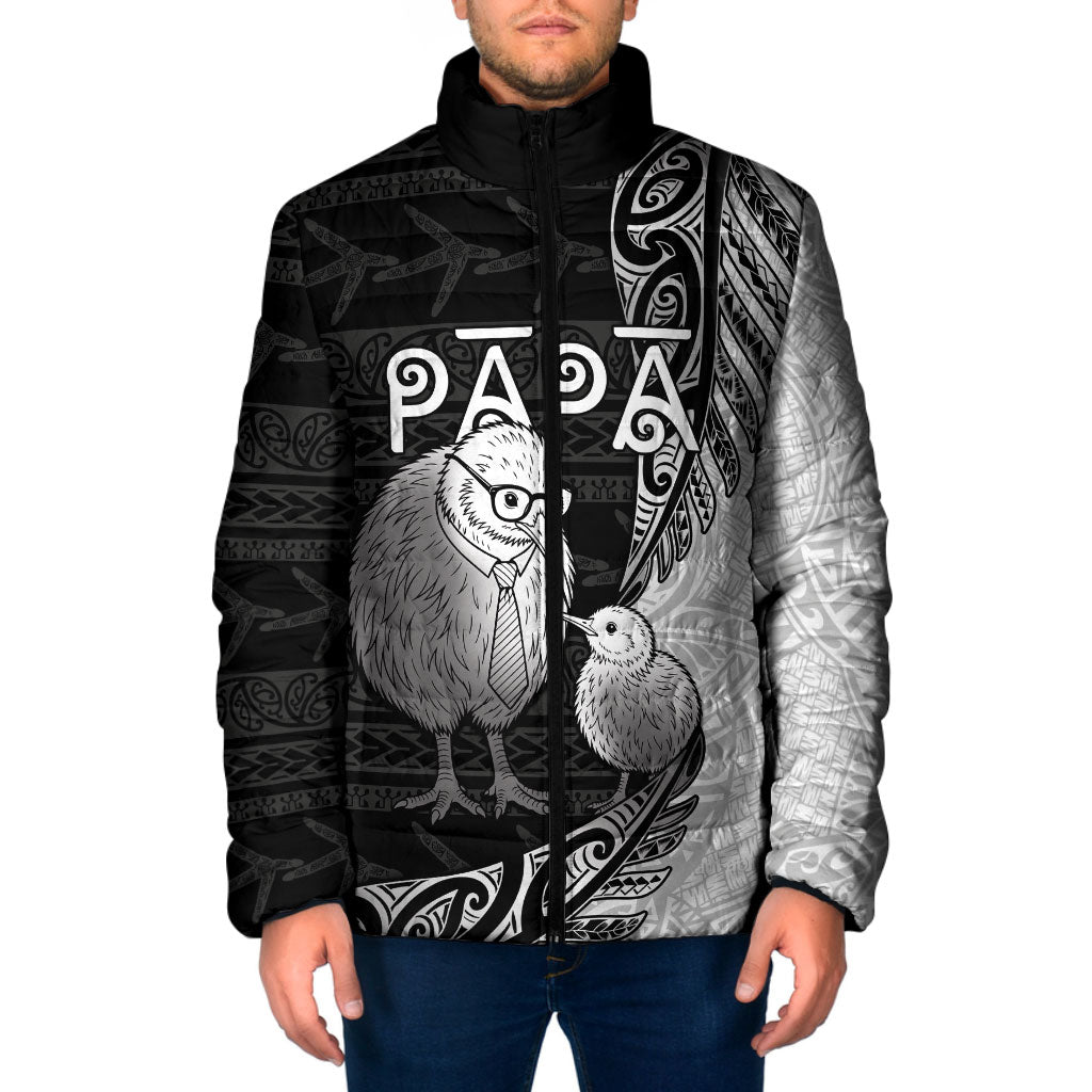 Personalised New Zealand Father's Day Padded Jacket Papa Kiwi Bird Tribal Pattern DT05 Men Black - Polynesian Pride