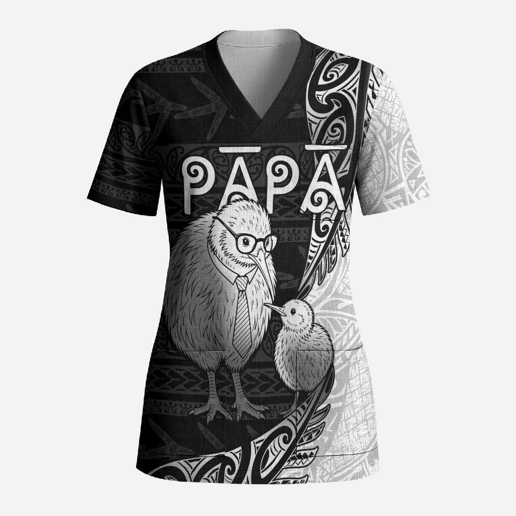 Personalised New Zealand Father's Day Scrub Top Papa Kiwi Bird Tribal Pattern DT05 Adult Black - Polynesian Pride
