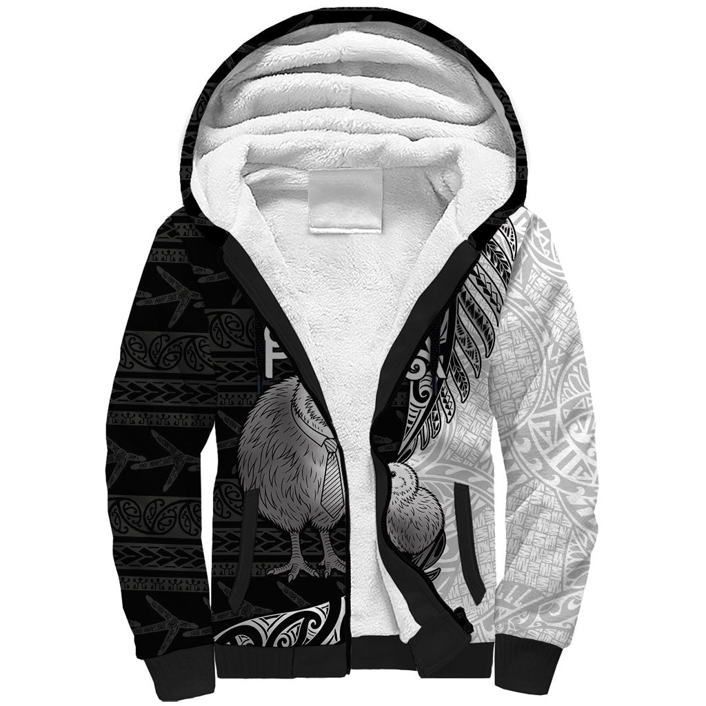 Personalised New Zealand Father's Day Sherpa Hoodie Papa Kiwi Bird Tribal Pattern DT05 Unisex Black - Polynesian Pride