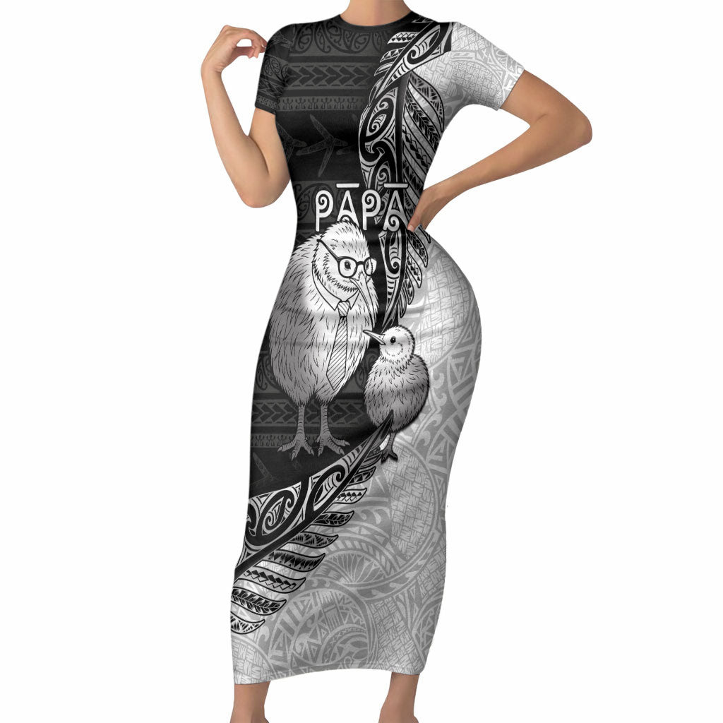 Personalised New Zealand Father's Day Short Sleeve Bodycon Dress Papa Kiwi Bird Tribal Pattern DT05 Long Dress Black - Polynesian Pride