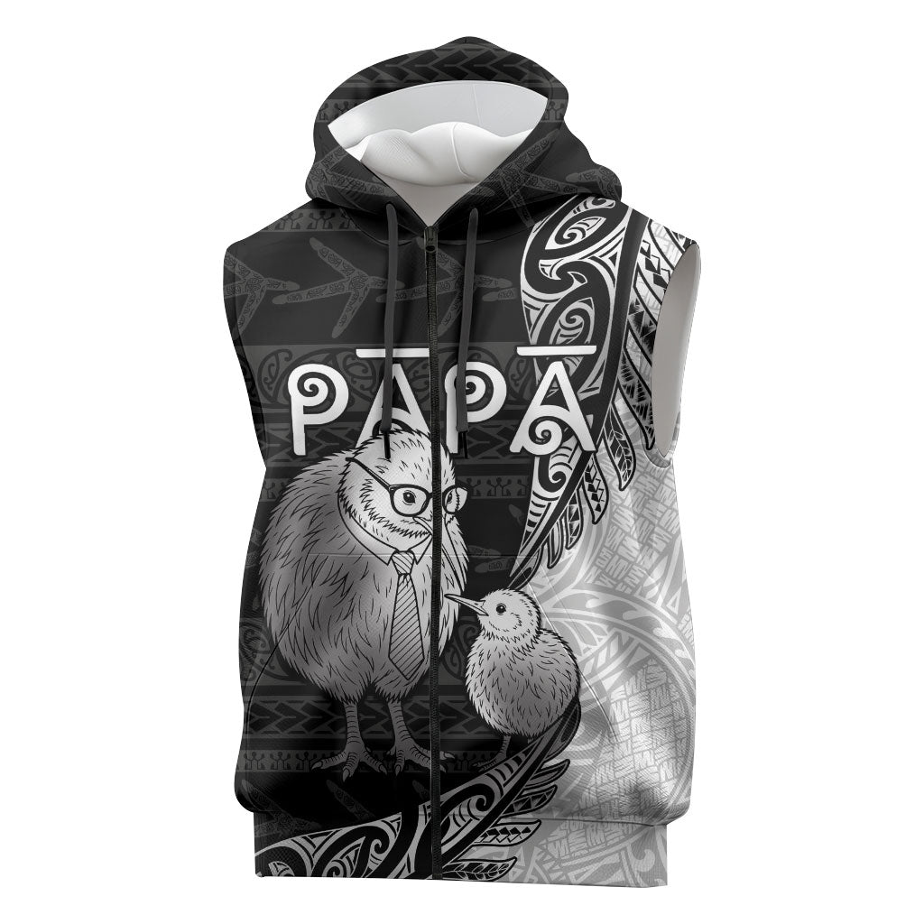 Personalised New Zealand Father's Day Sleeveless Zip Hoodie Papa Kiwi Bird Tribal Pattern DT05 Black - Polynesian Pride