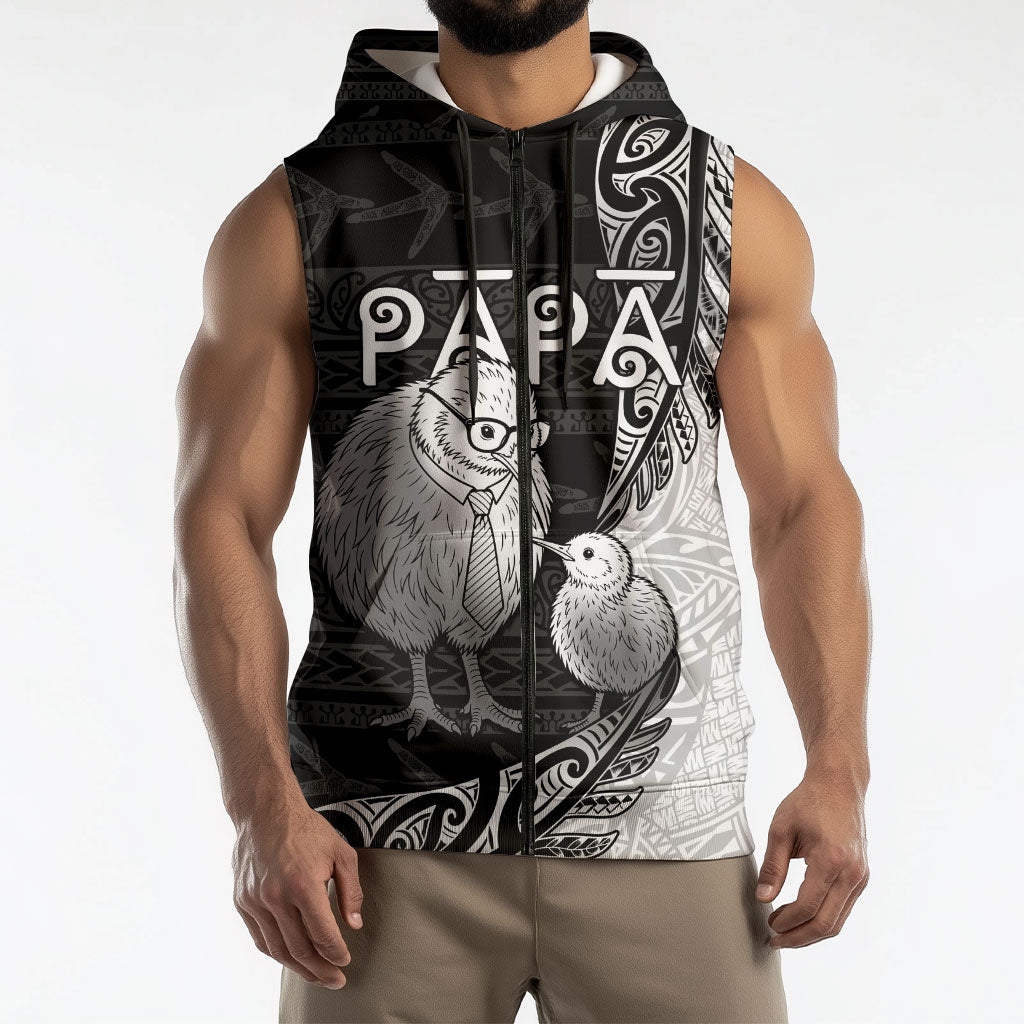 Personalised New Zealand Father's Day Sleeveless Zip Hoodie Papa Kiwi Bird Tribal Pattern DT05 - Polynesian Pride