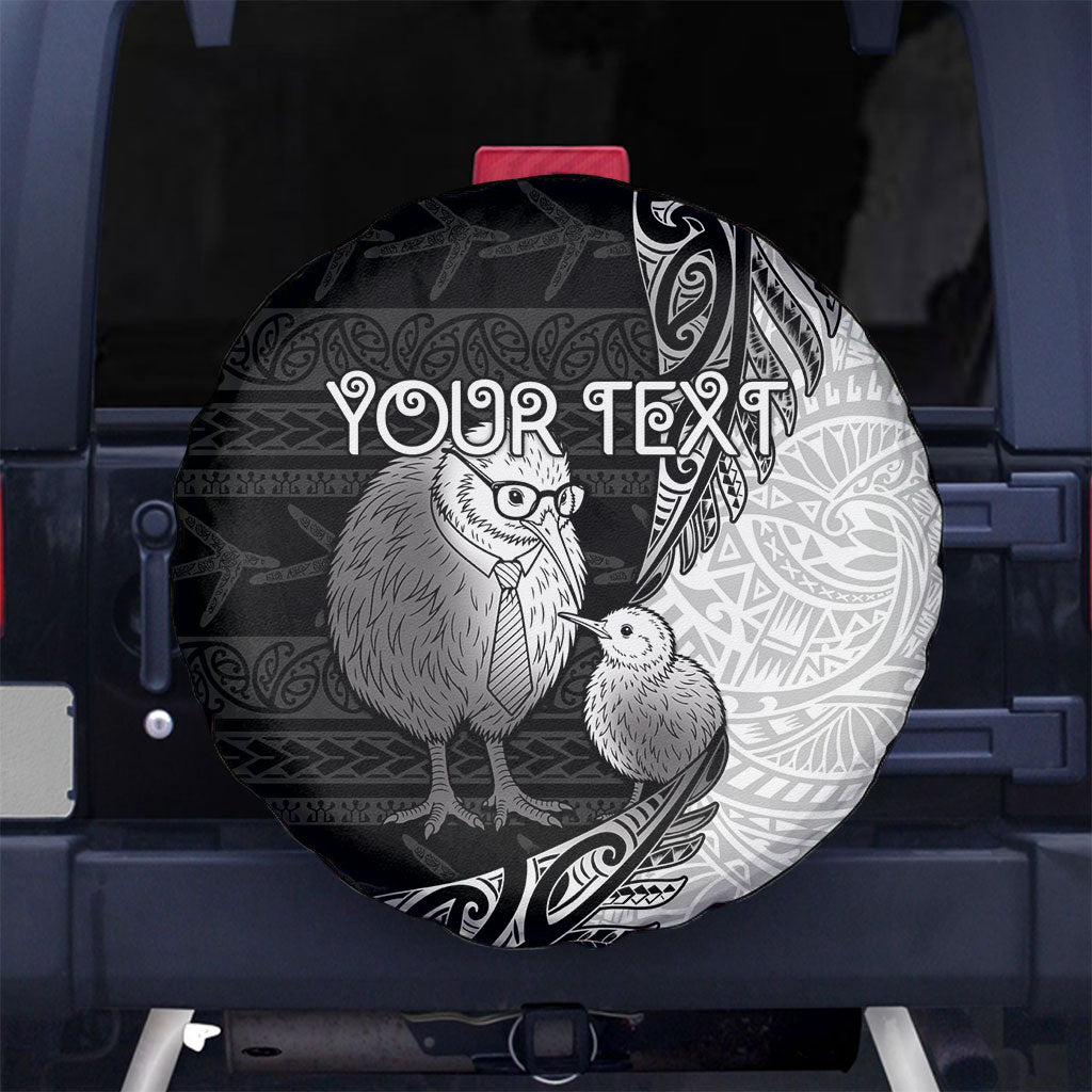 Personalised New Zealand Father's Day Spare Tire Cover Papa Kiwi Bird Tribal Pattern DT05 No hole Black - Polynesian Pride