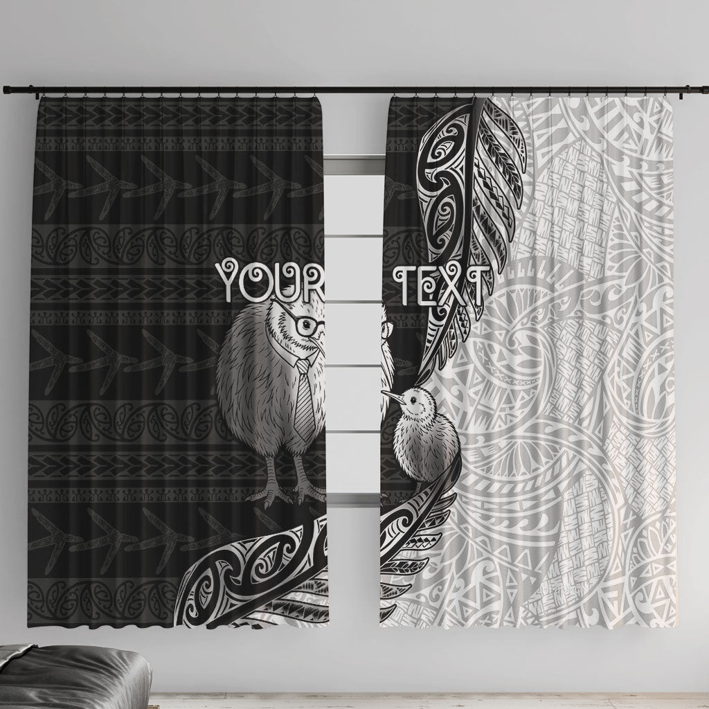 Personalised New Zealand Father's Day Window Curtain Papa Kiwi Bird Tribal Pattern DT05 With Hooks Black - Polynesian Pride