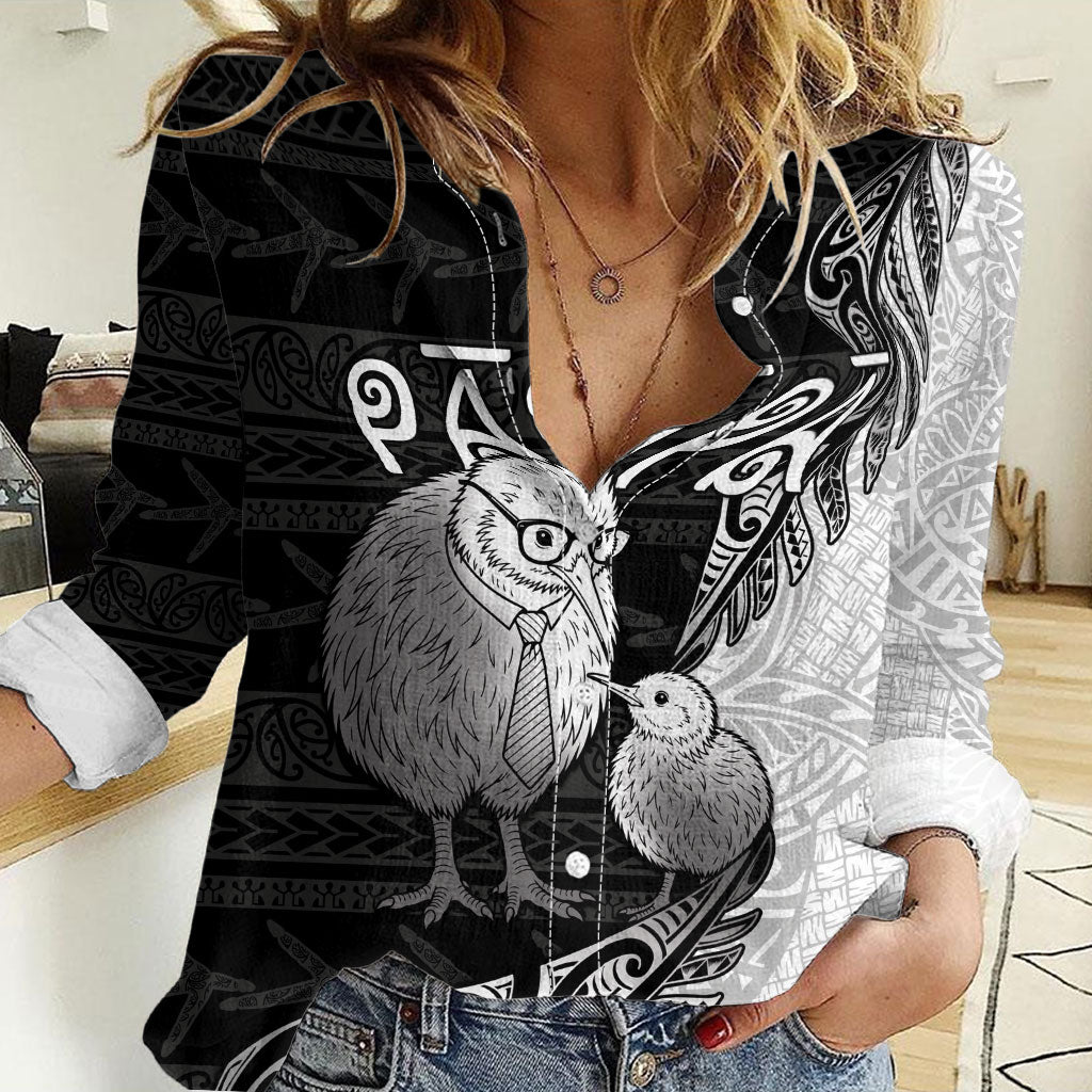 Personalised New Zealand Father's Day Women Casual Shirt Papa Kiwi Bird Tribal Pattern DT05 Female Black - Polynesian Pride