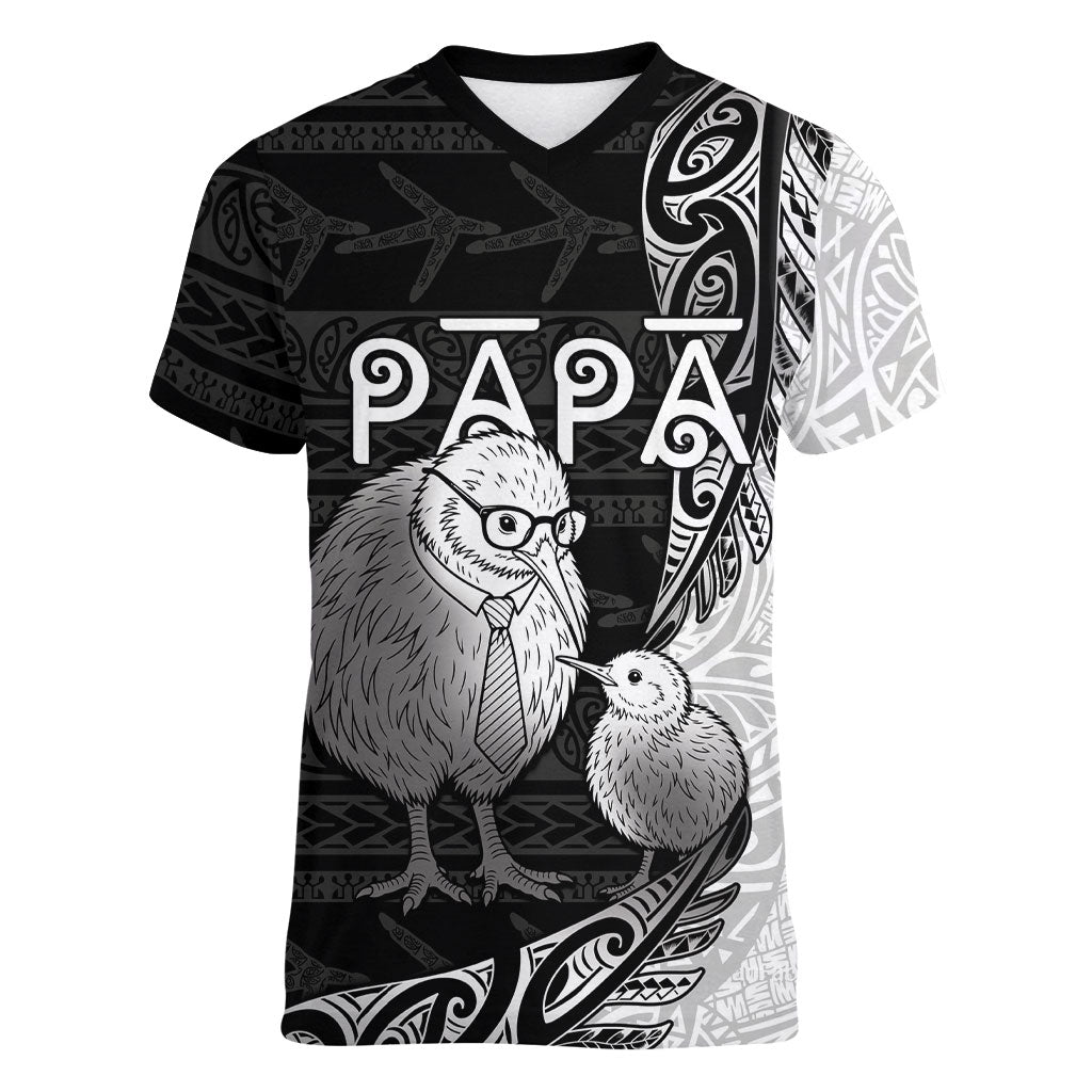 Personalised New Zealand Father's Day Women V-Neck T-Shirt Papa Kiwi Bird Tribal Pattern DT05 Female Black - Polynesian Pride