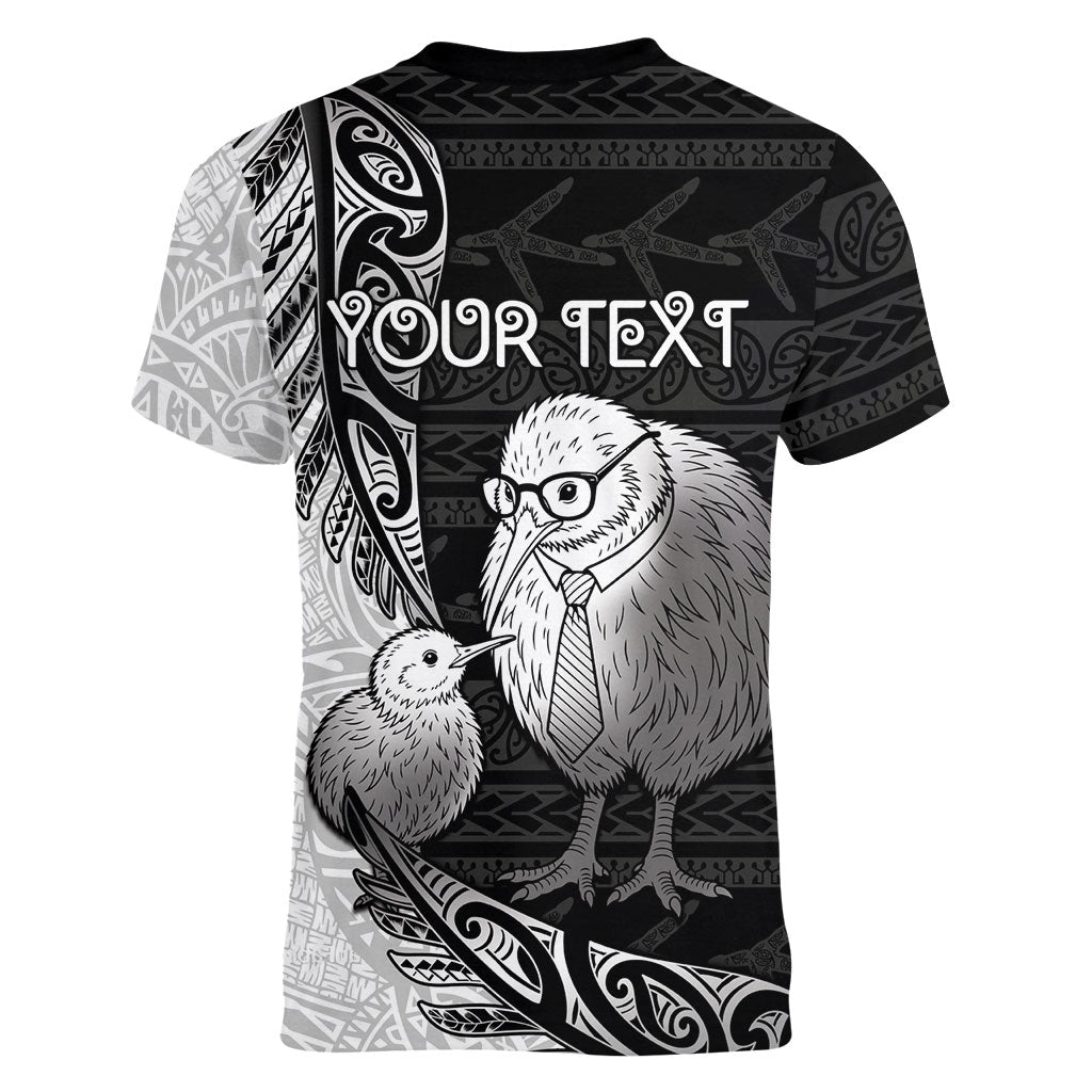 Personalised New Zealand Father's Day Women V-Neck T-Shirt Papa Kiwi Bird Tribal Pattern DT05 - Polynesian Pride