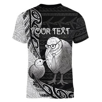 Personalised New Zealand Father's Day Women V-Neck T-Shirt Papa Kiwi Bird Tribal Pattern DT05 - Polynesian Pride
