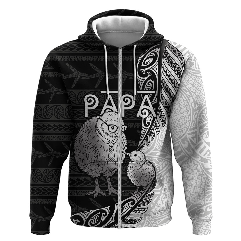 Personalised New Zealand Father's Day Zip Hoodie Papa Kiwi Bird Tribal Pattern DT05 Zip Hoodie Black - Polynesian Pride