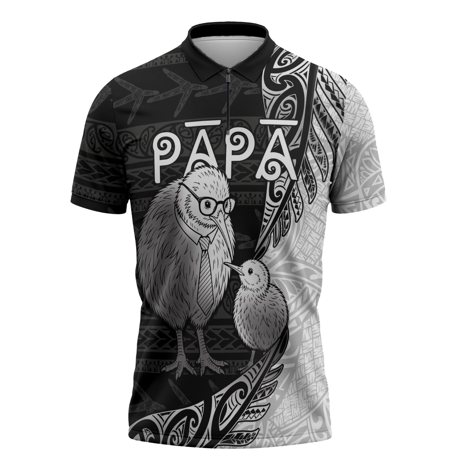 Personalised New Zealand Father's Day Zipper Polo Shirt Papa Kiwi Bird Tribal Pattern DT05 Black - Polynesian Pride