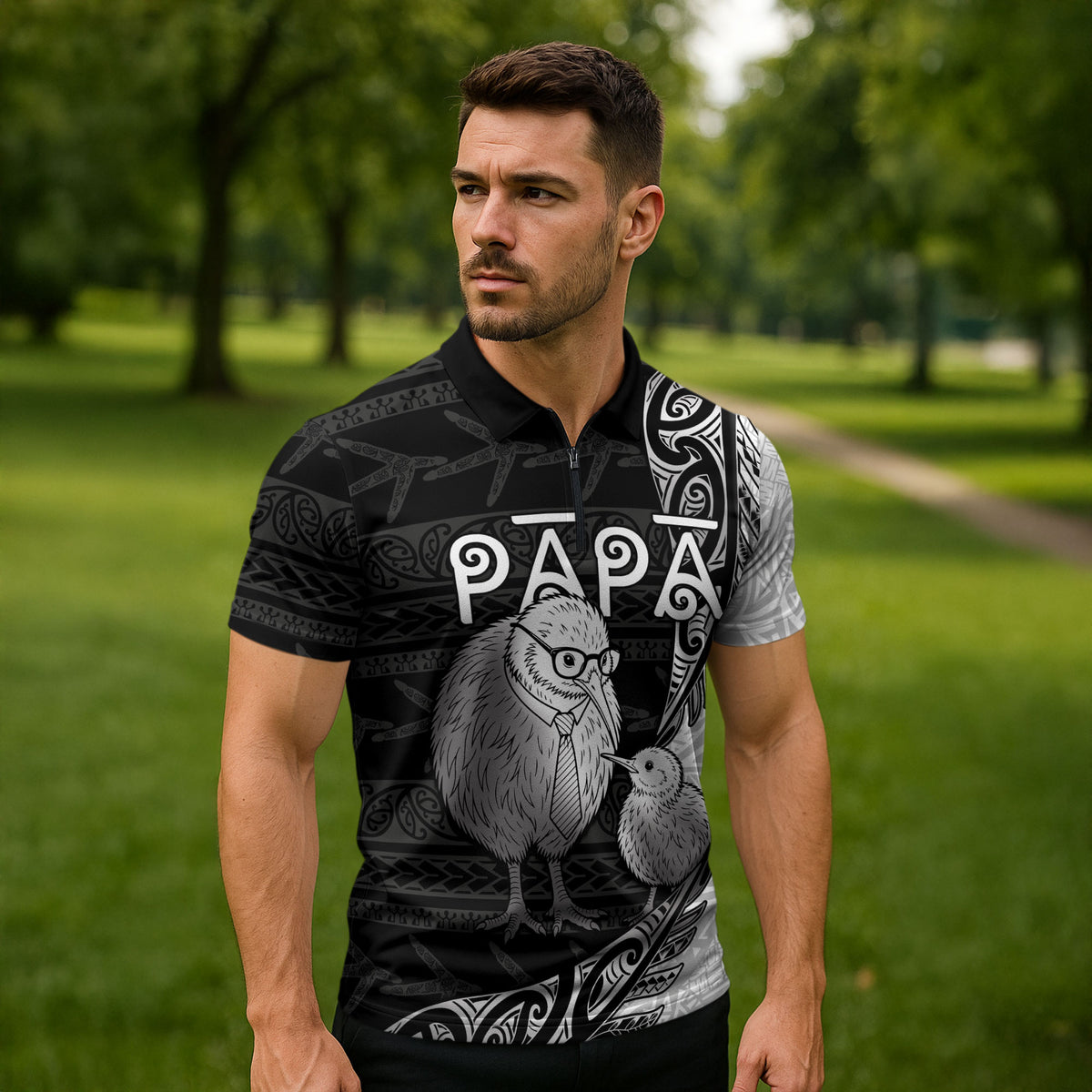 Personalised New Zealand Father's Day Zipper Polo Shirt Papa Kiwi Bird Tribal Pattern DT05 - Polynesian Pride