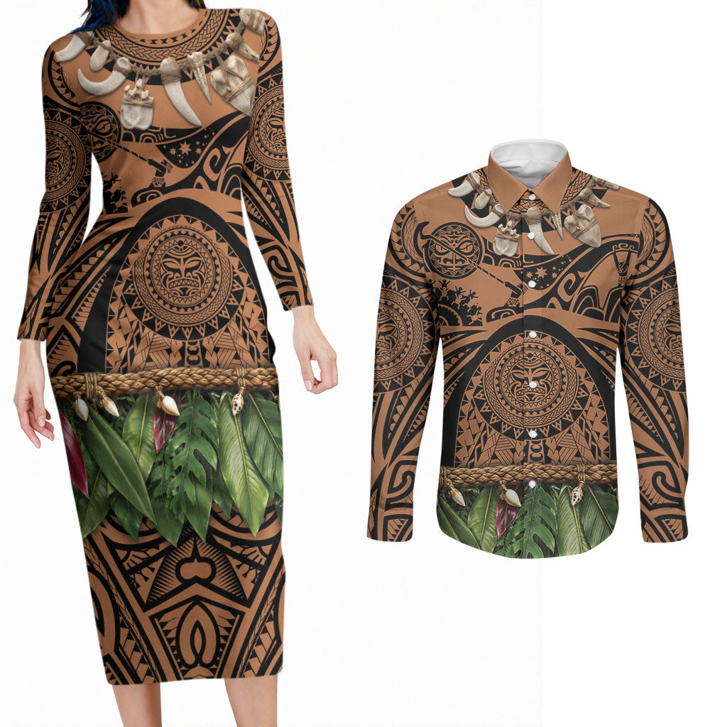 Polynesia Maui Tattoo Inspired Couples Matching Long Sleeve Bodycon Dress and Long Sleeve Button Shirt Tropical Leaf Skirt Costume