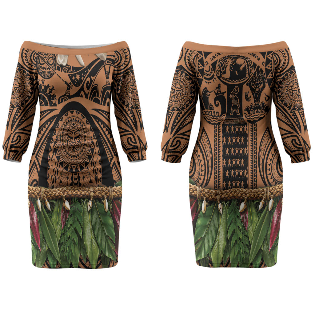 Polynesia Maui Tattoo Inspired Couples Matching Off The Shoulder Long Sleeve Dress and Long Sleeve Button Shirt Tropical Leaf Skirt Costume
