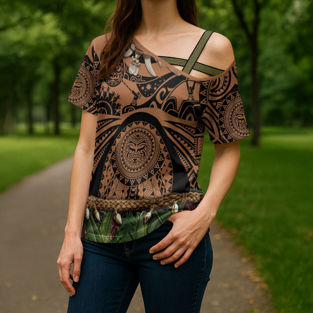 Polynesia Maui Tattoo Inspired Cross Shoulder Shirt Tropical Leaf Skirt Costume