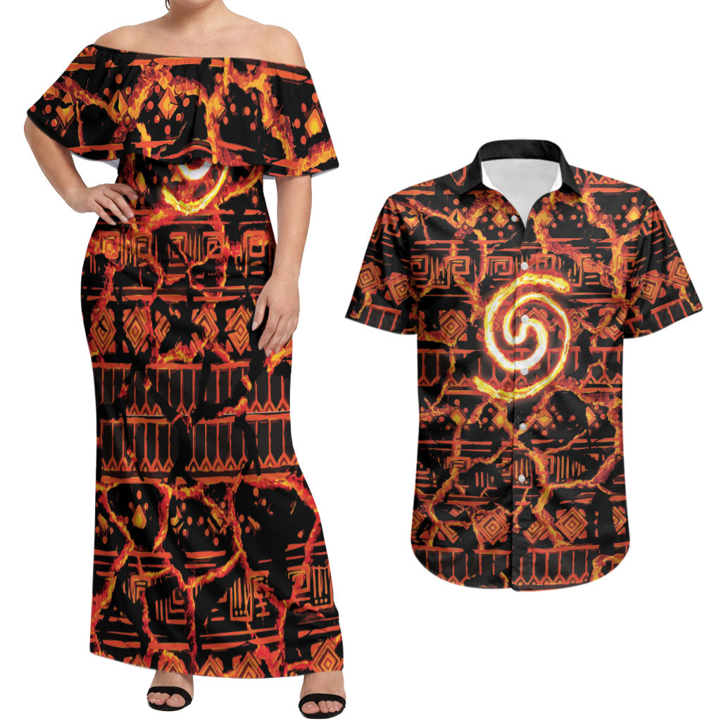 Polynesia Lava Monster Cosplay Couples Matching Off Shoulder Maxi Dress and Hawaiian Shirt Fiery Glowing Volcano Crack Pattern